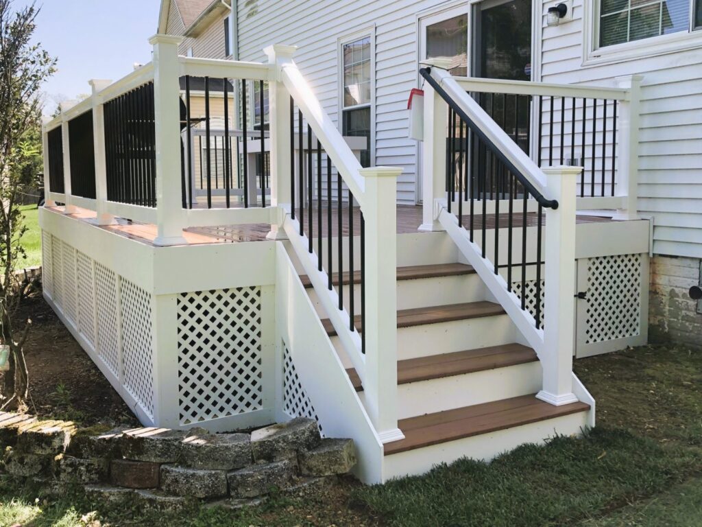 White deck stairs with lattice skirting